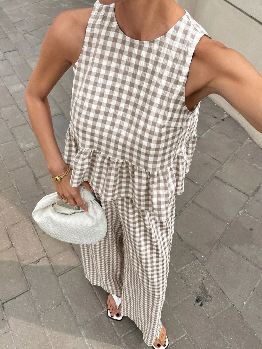 Gingham Sleeveless Top and Wide Leg Pants Set