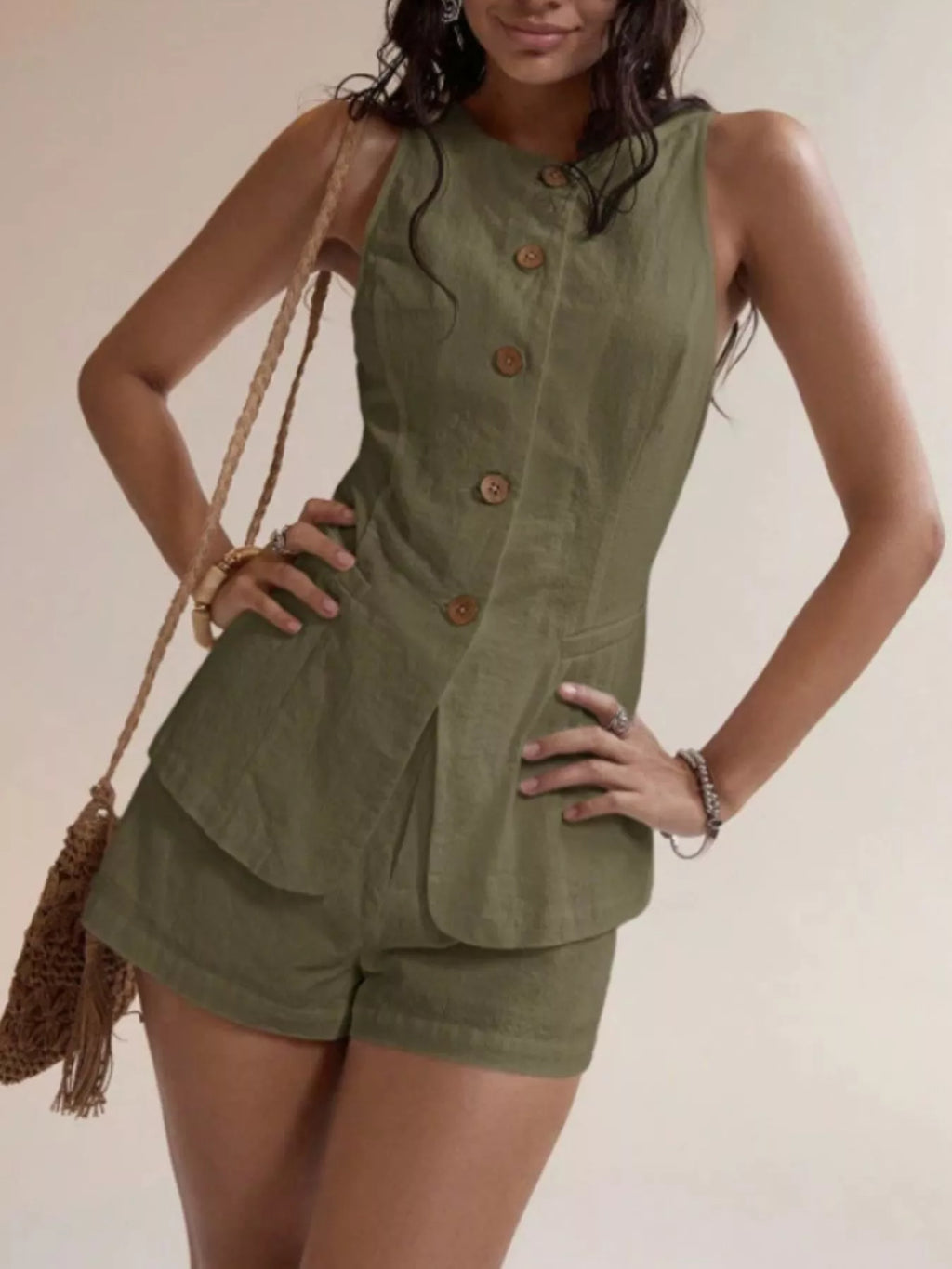Button-Down Sleeveless Top and Shorts Set