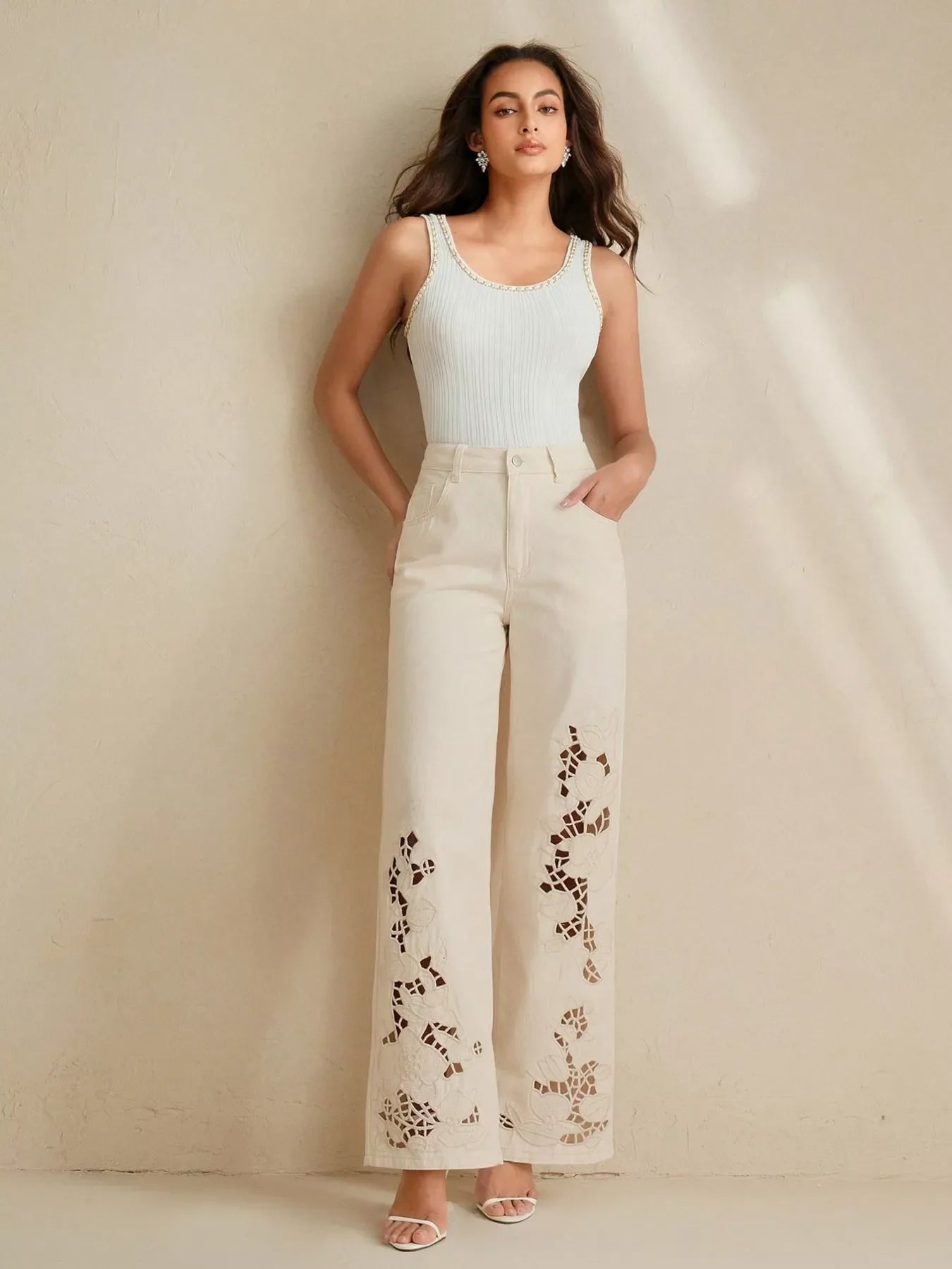 Cutout Embroidered Wide Leg Jeans