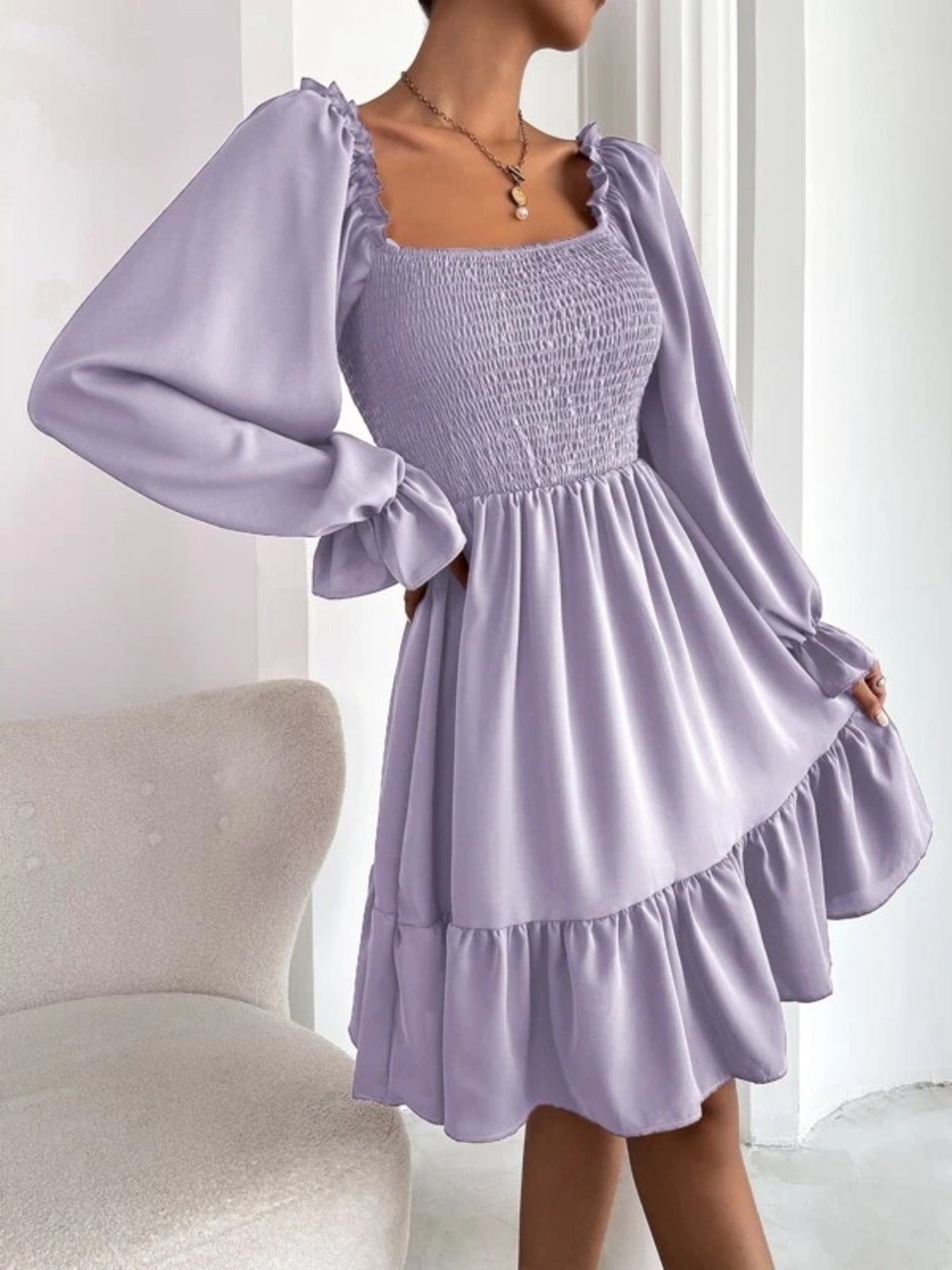 Smocked Flounce Sleeve Mini Dress