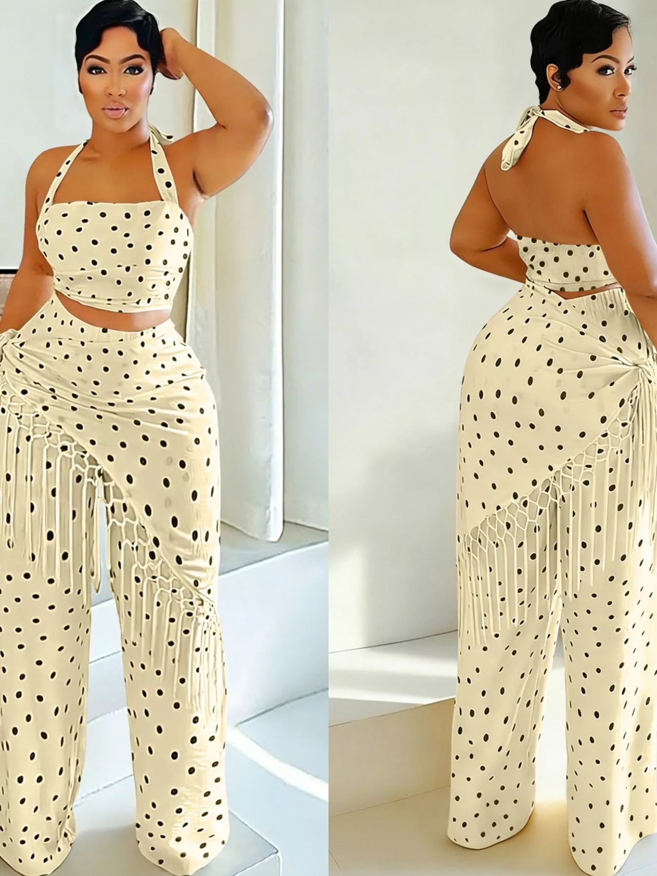 Polka Dot Halter Neck Cami and Fringe Trim Pants Set
