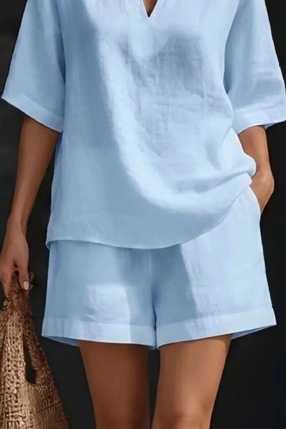 Notched Half Sleeve Top and Shorts Set