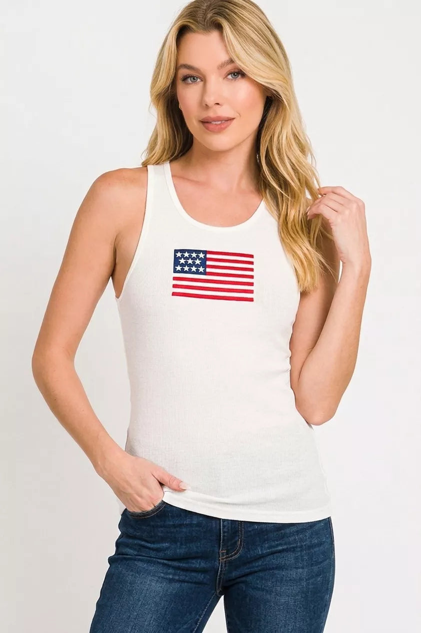 Zenana American Flag Embroidery Stretchy Ribbed Tank