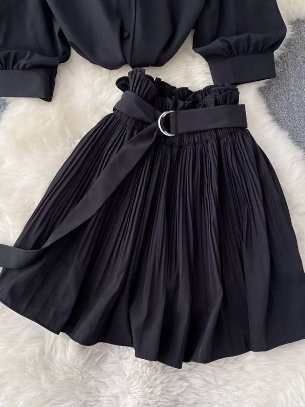 Puff Sleeve Shirt and Pleated Skirt Set