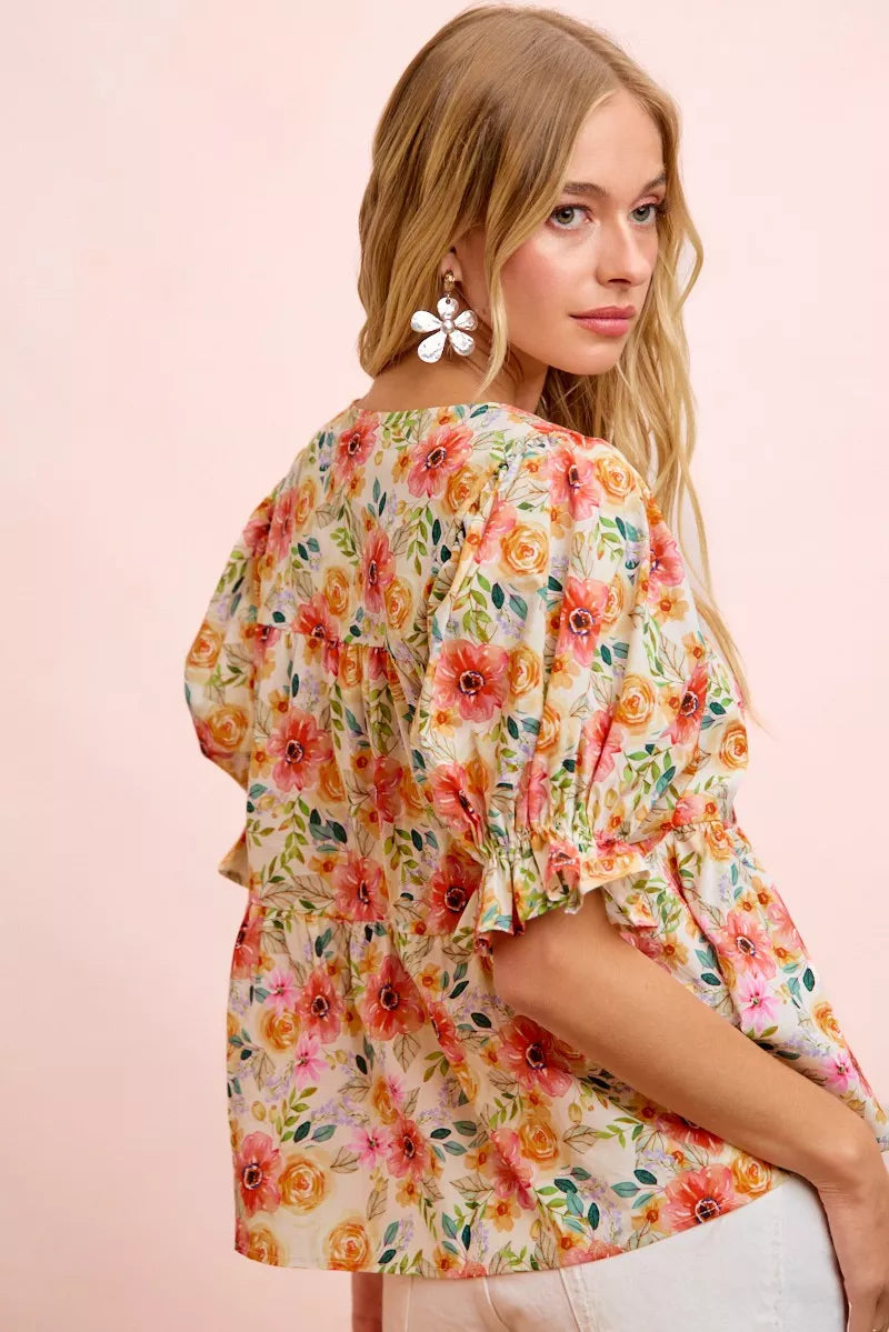 BiBi Flower Printed Shirring Detail Blouse Top