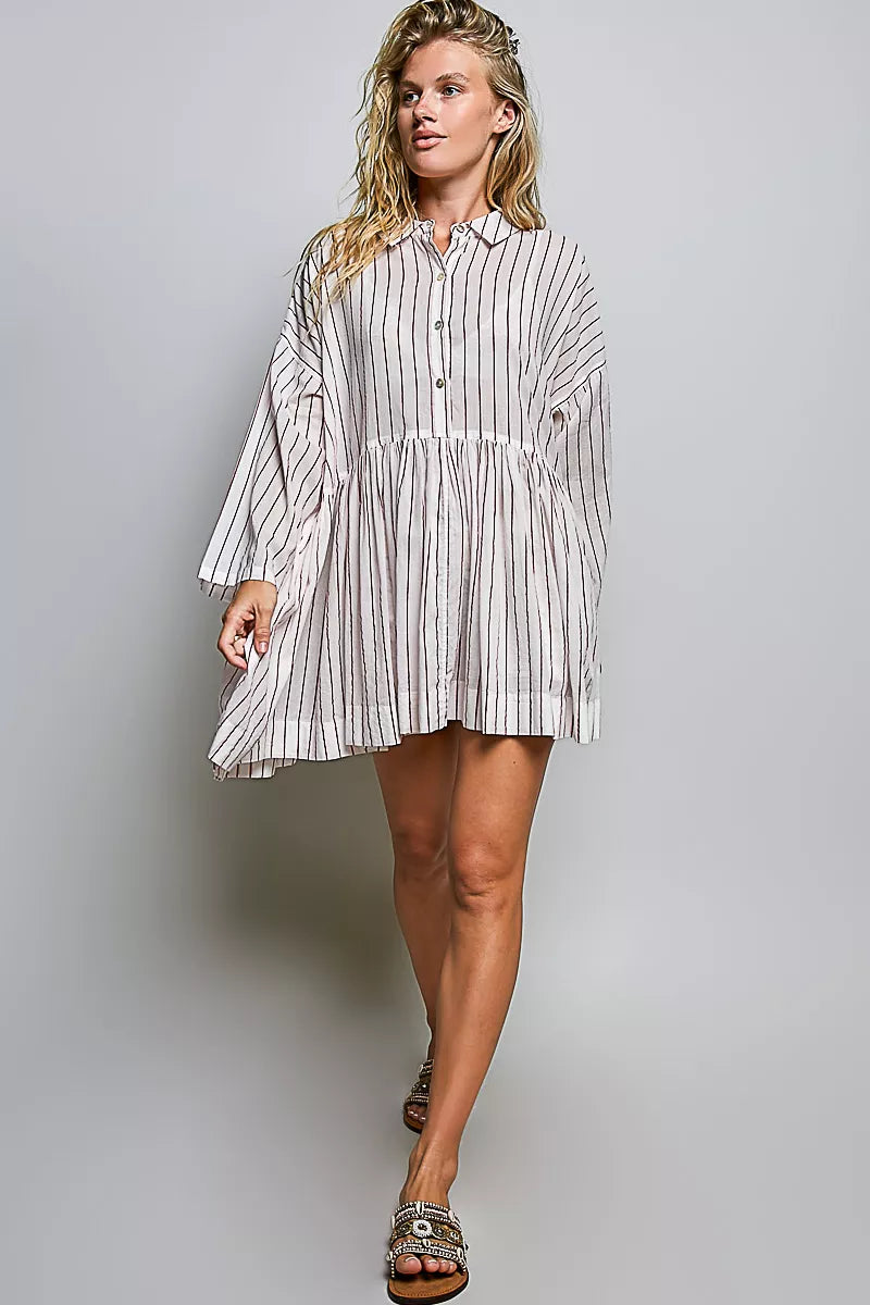 POL Striped Gathered Waist Woven Shirt Dress