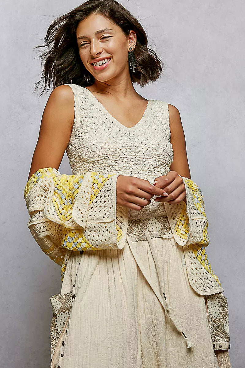 POL Open Front Crochet Cardigan with Granny Square Pattern