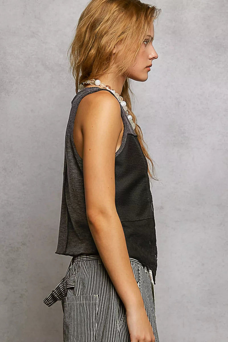 POL Ribbed Round Neck Cropped Tank with Lace Detail