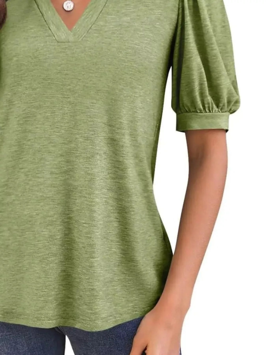 Puff Sleeve Notched Casual T-Shirt