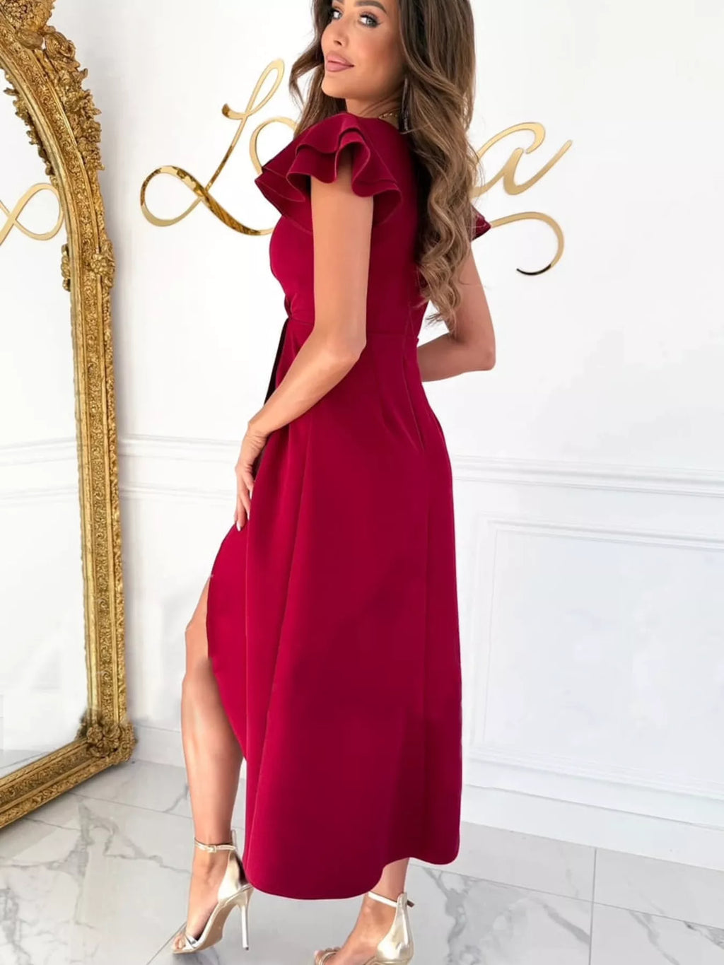 Ruffle Sleeve Wrap Midi Dress