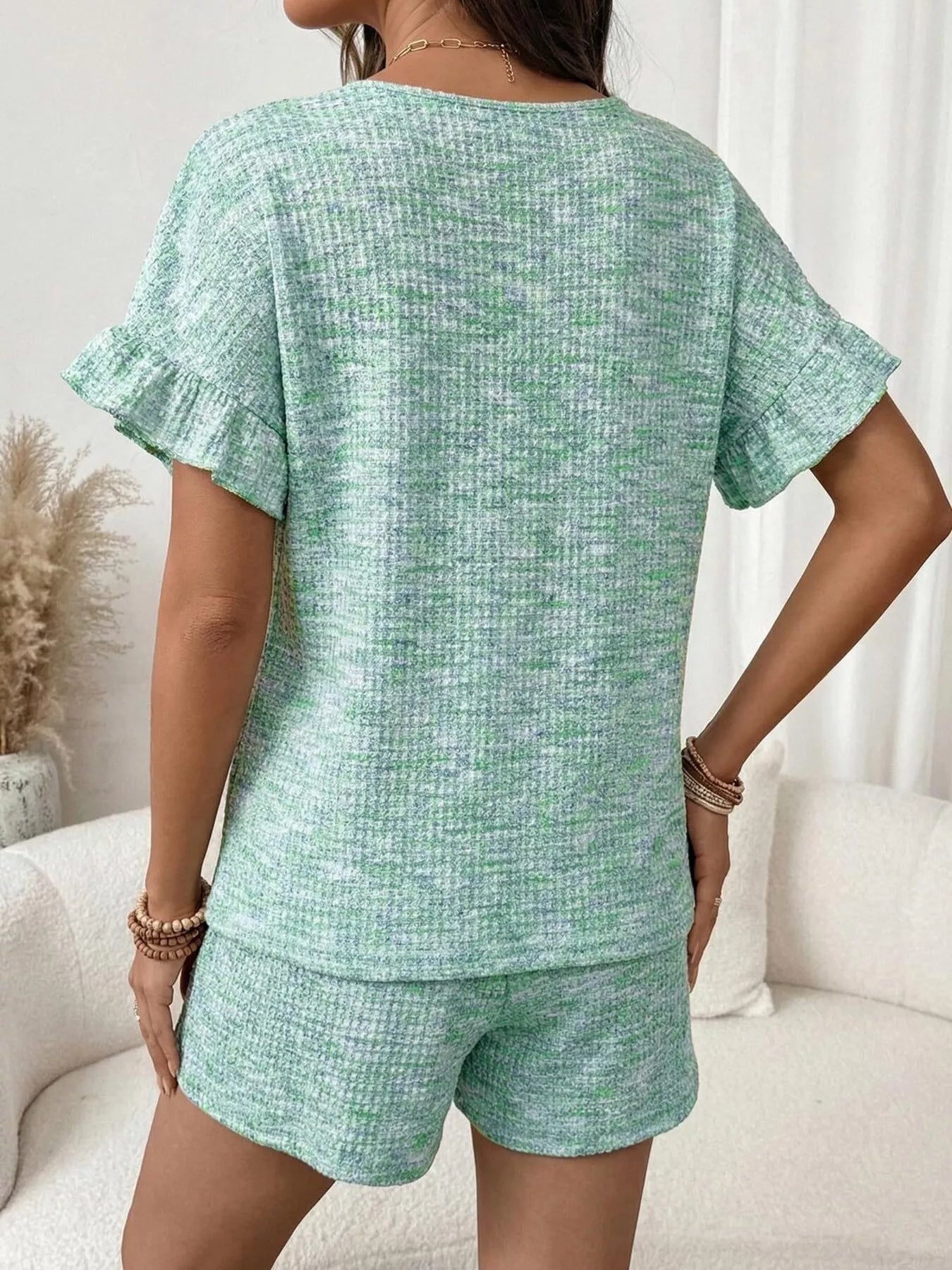Ruffle Sleeve Textured Top and Shorts Set