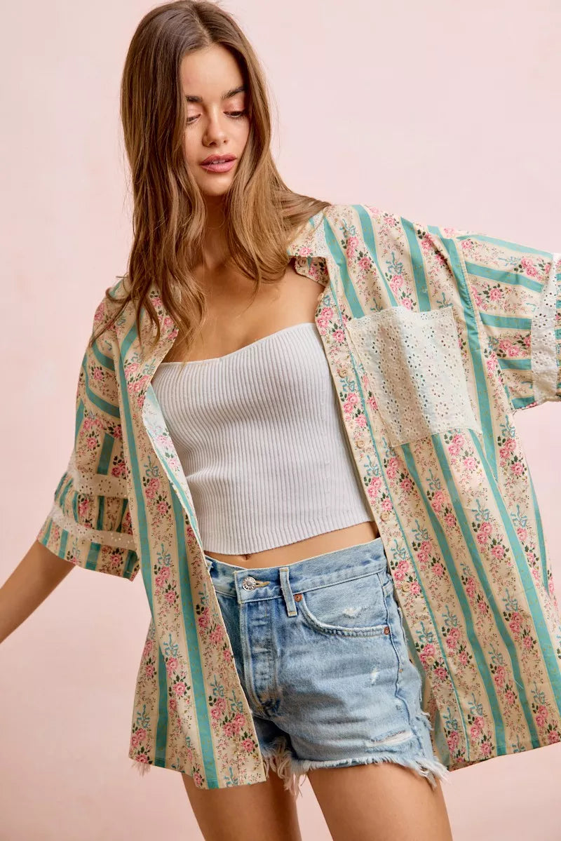 BiBi Eyelet Lace And Floral Mix And Match Shirt Top
