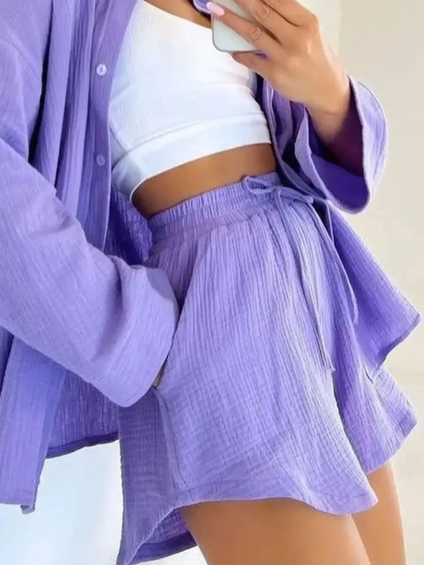 Texture Button Up Shirt and Shorts Set
