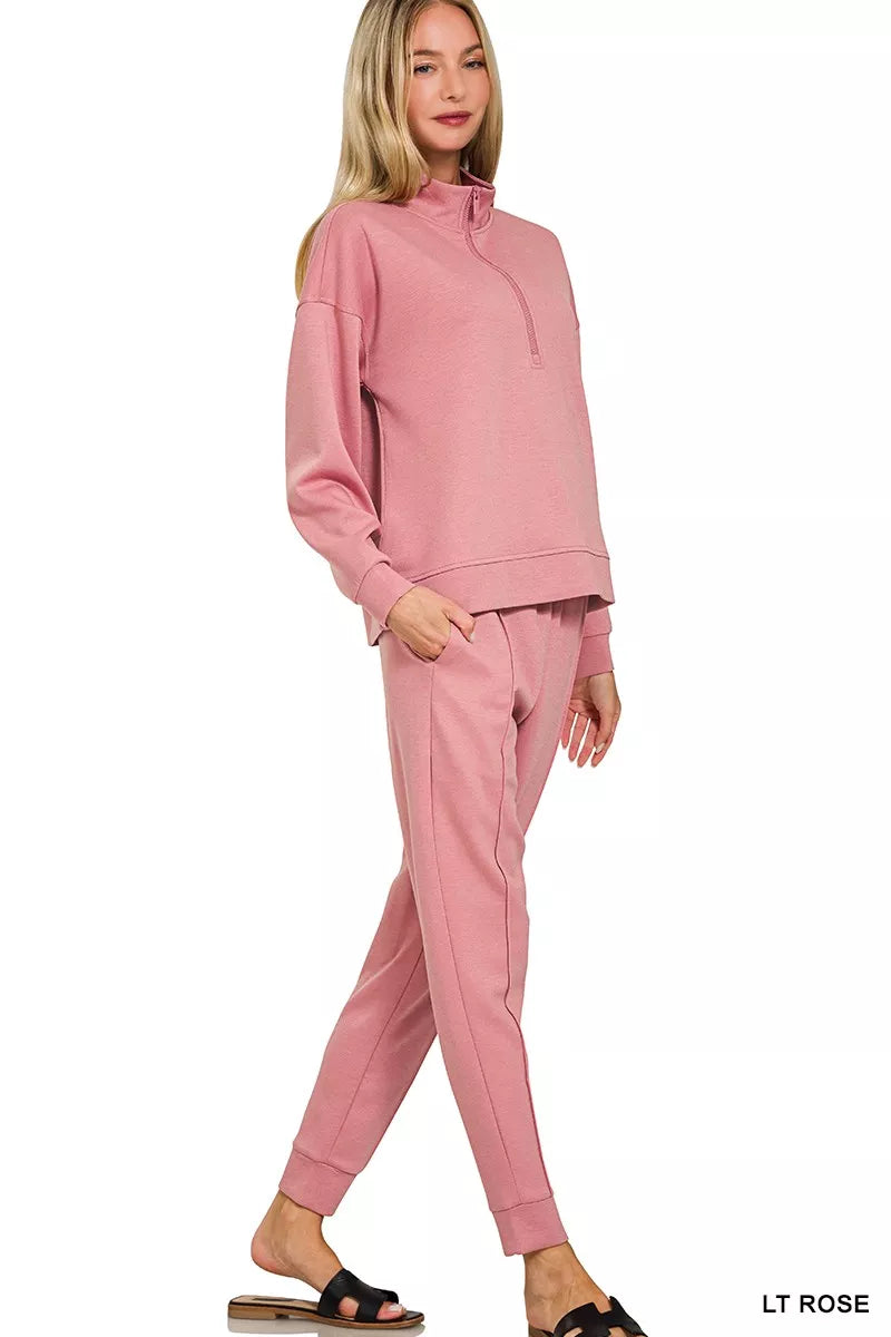 Zenana Scuba Half Zip Pullover and Jogger Set