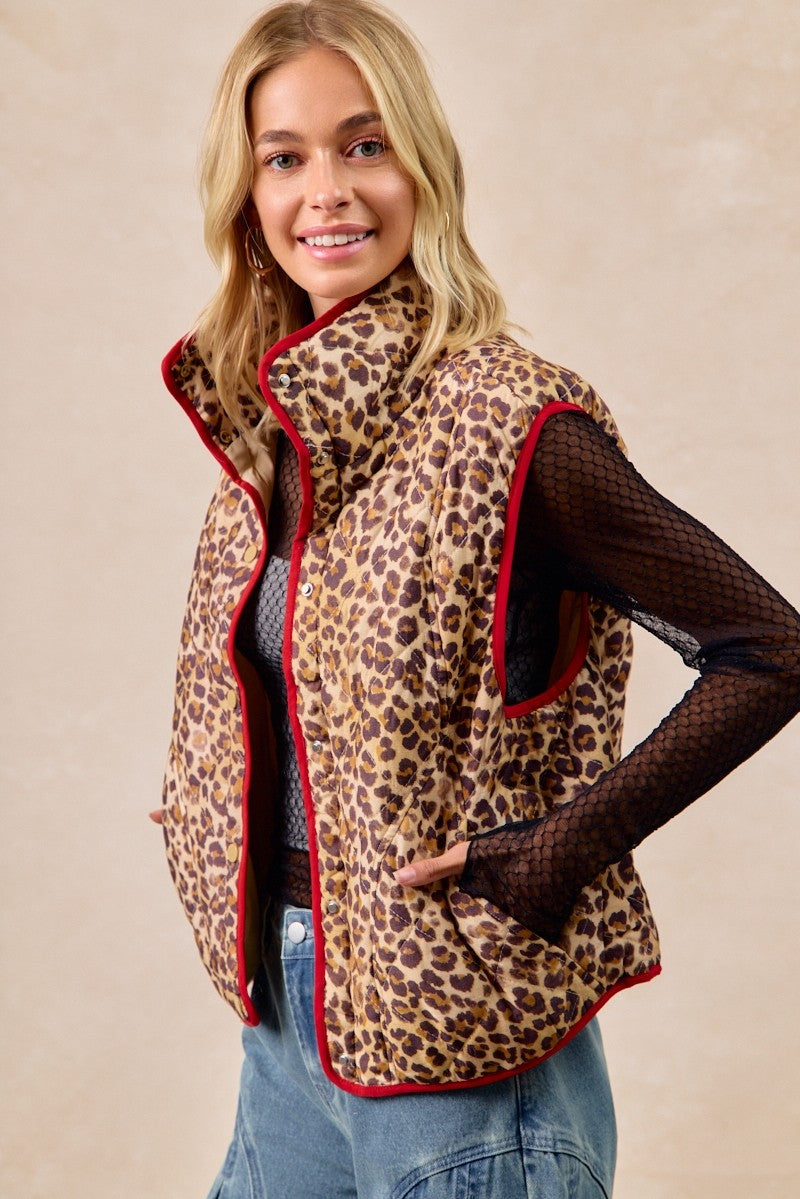 BiBi Leopard Print Piping Detail Quilted Vest