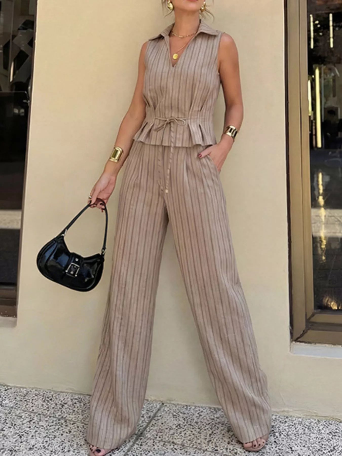 Sleeveless Striped Top & Wide Leg Pant Set