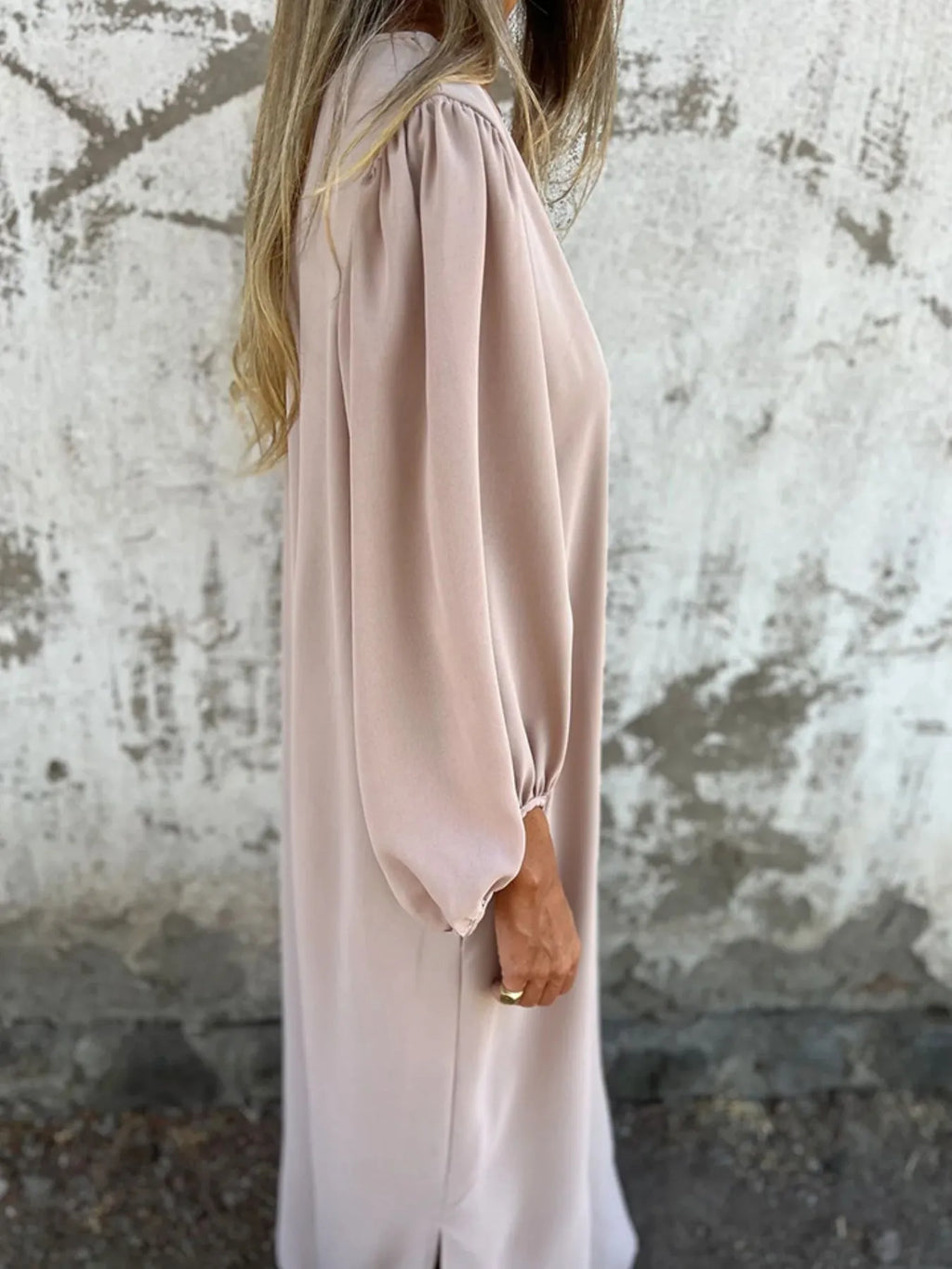 Full Size Slit V-Neck Balloon Sleeve Midi Dress Plus Size