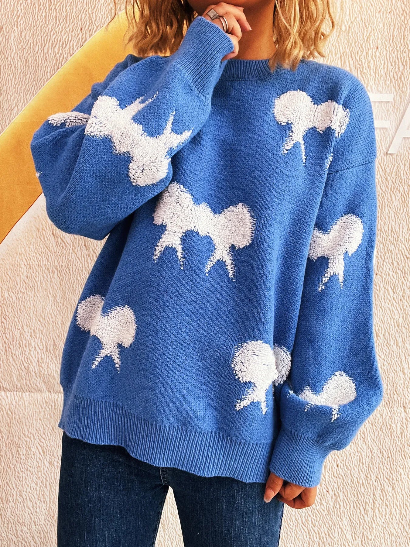 Bow Pattern Round Neck Sweater