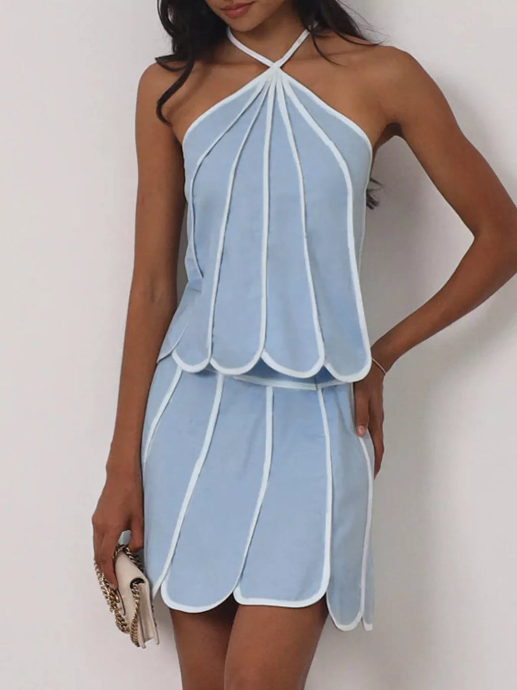 Contrast Trim Halter Neck Top and Skirt Set
