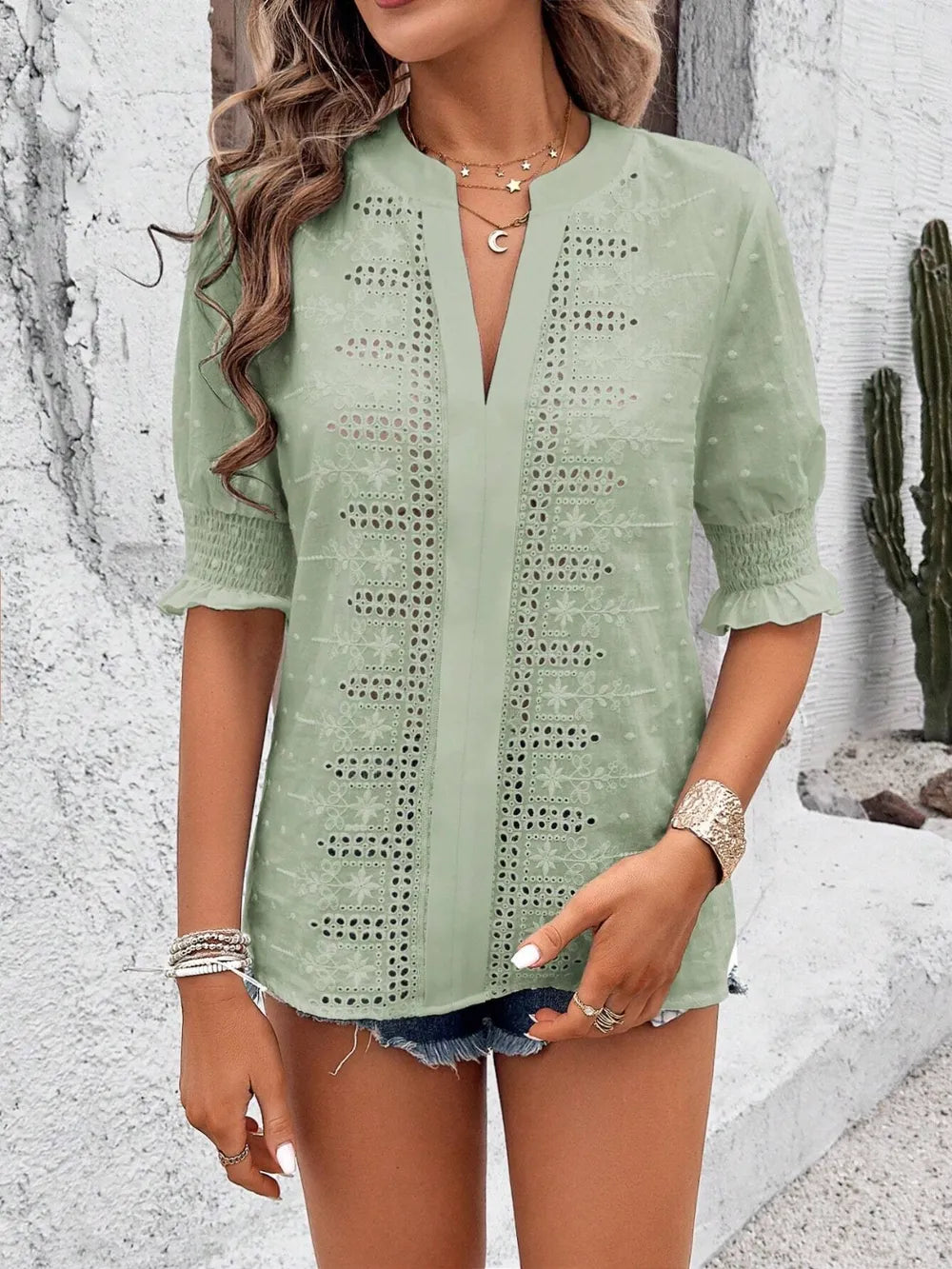 Eyelet Notched Flounce Sleeve Blouse