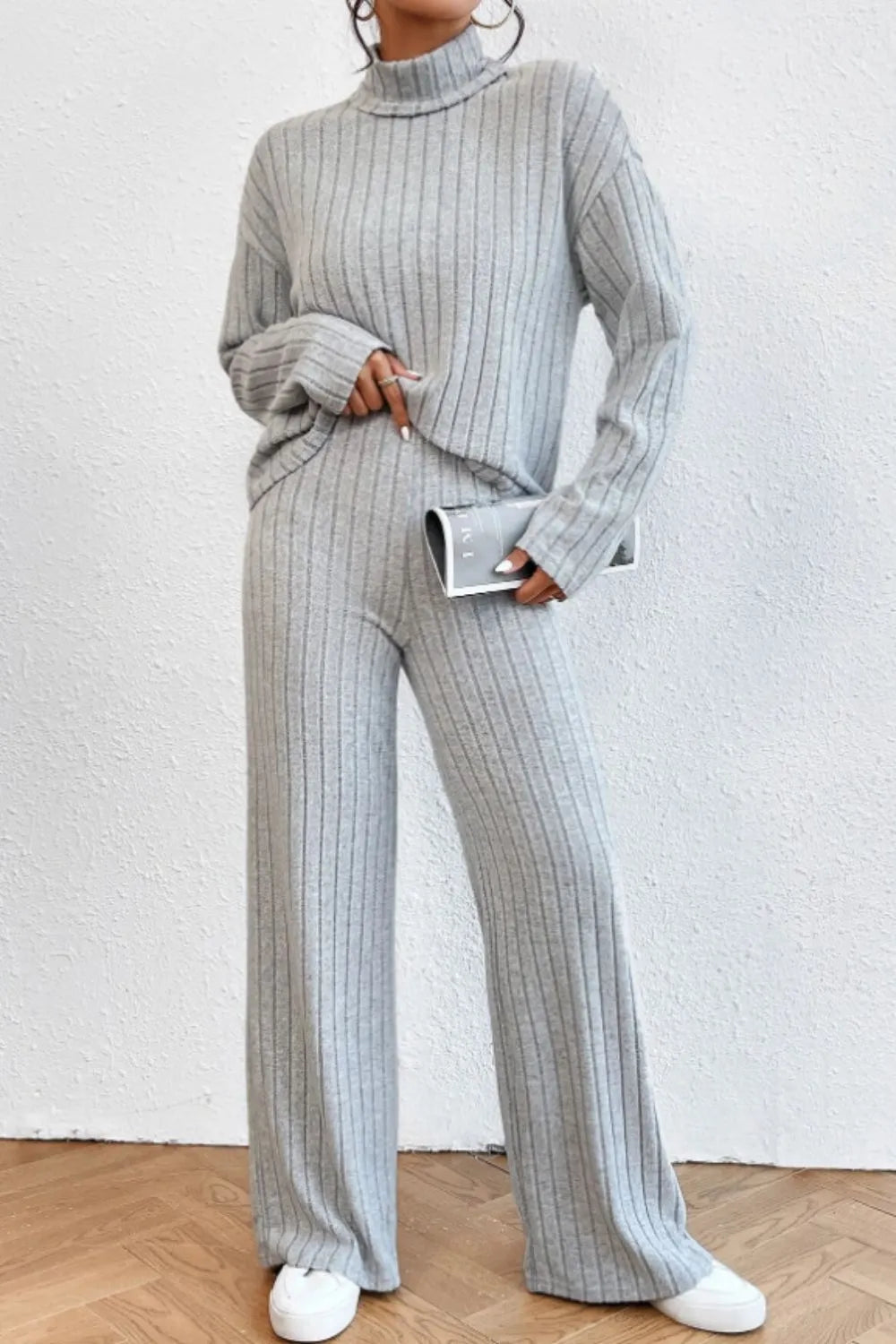Mock Neck Dropped Shoulder Top and Pants Set