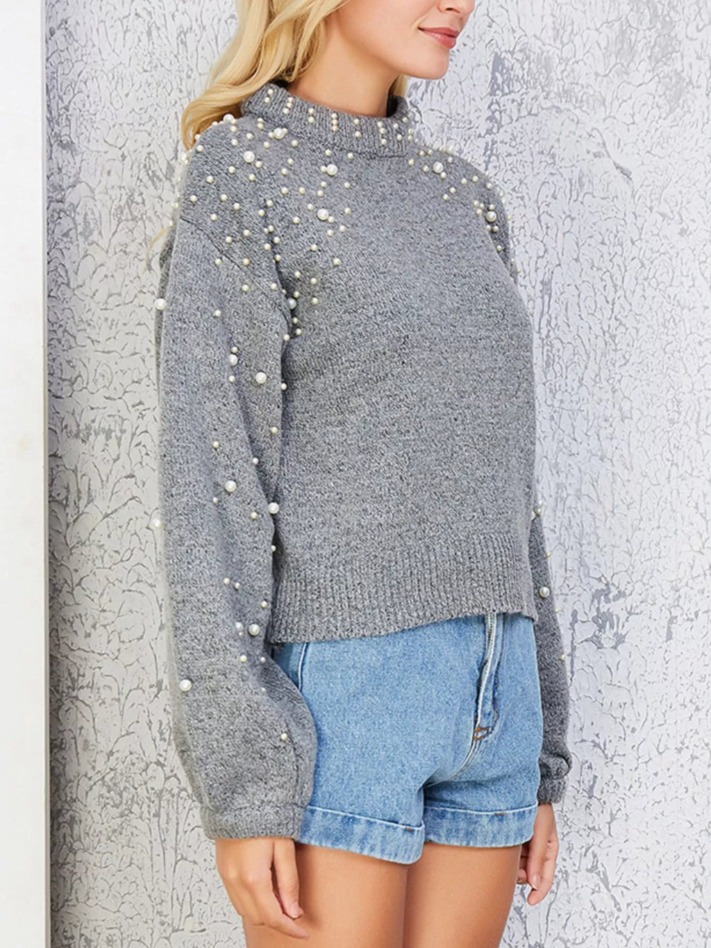 Pearl-Embellished Mock Neck Sweater
