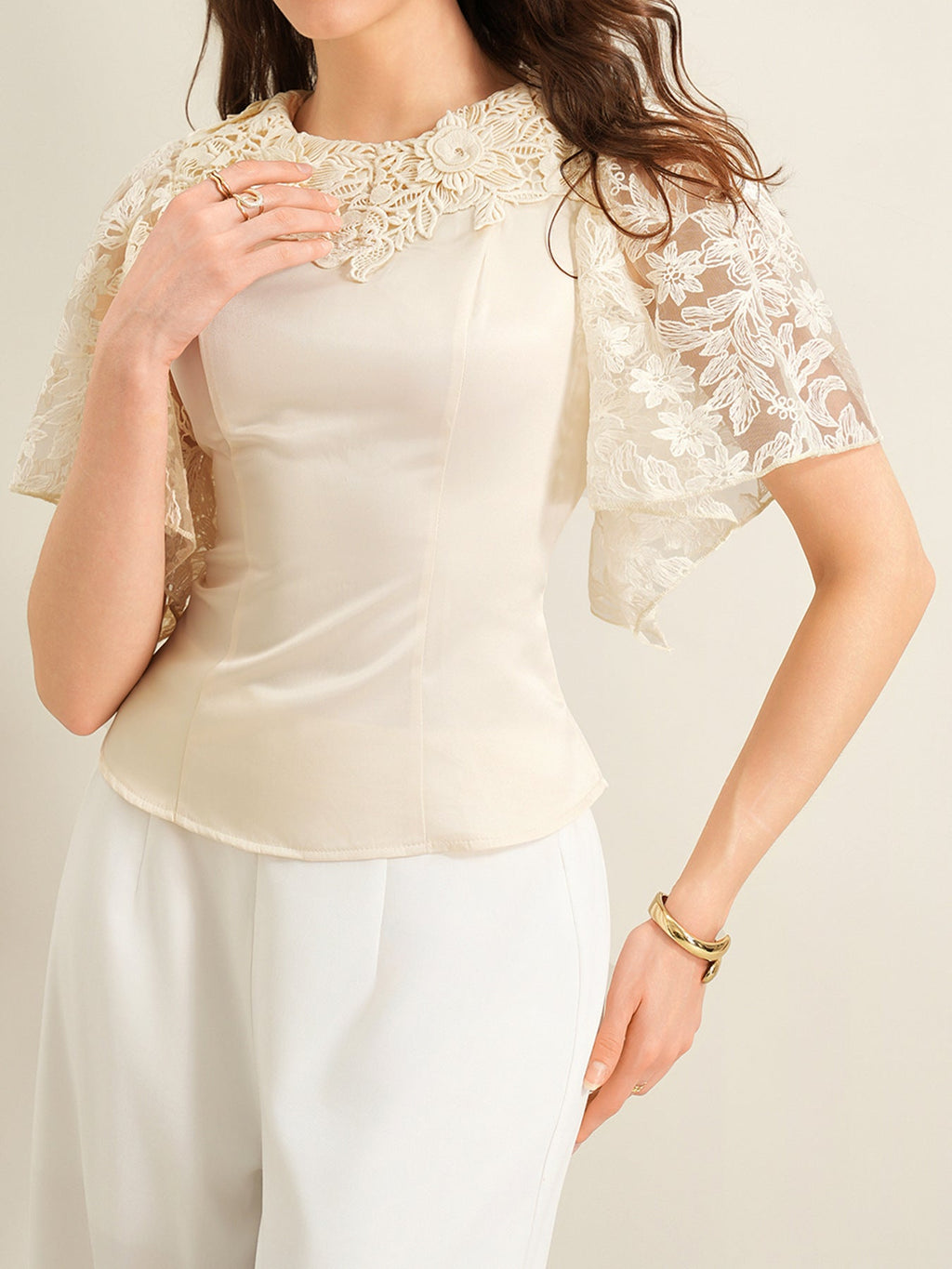 Lace Trimmed Short Sleeve Blouse
