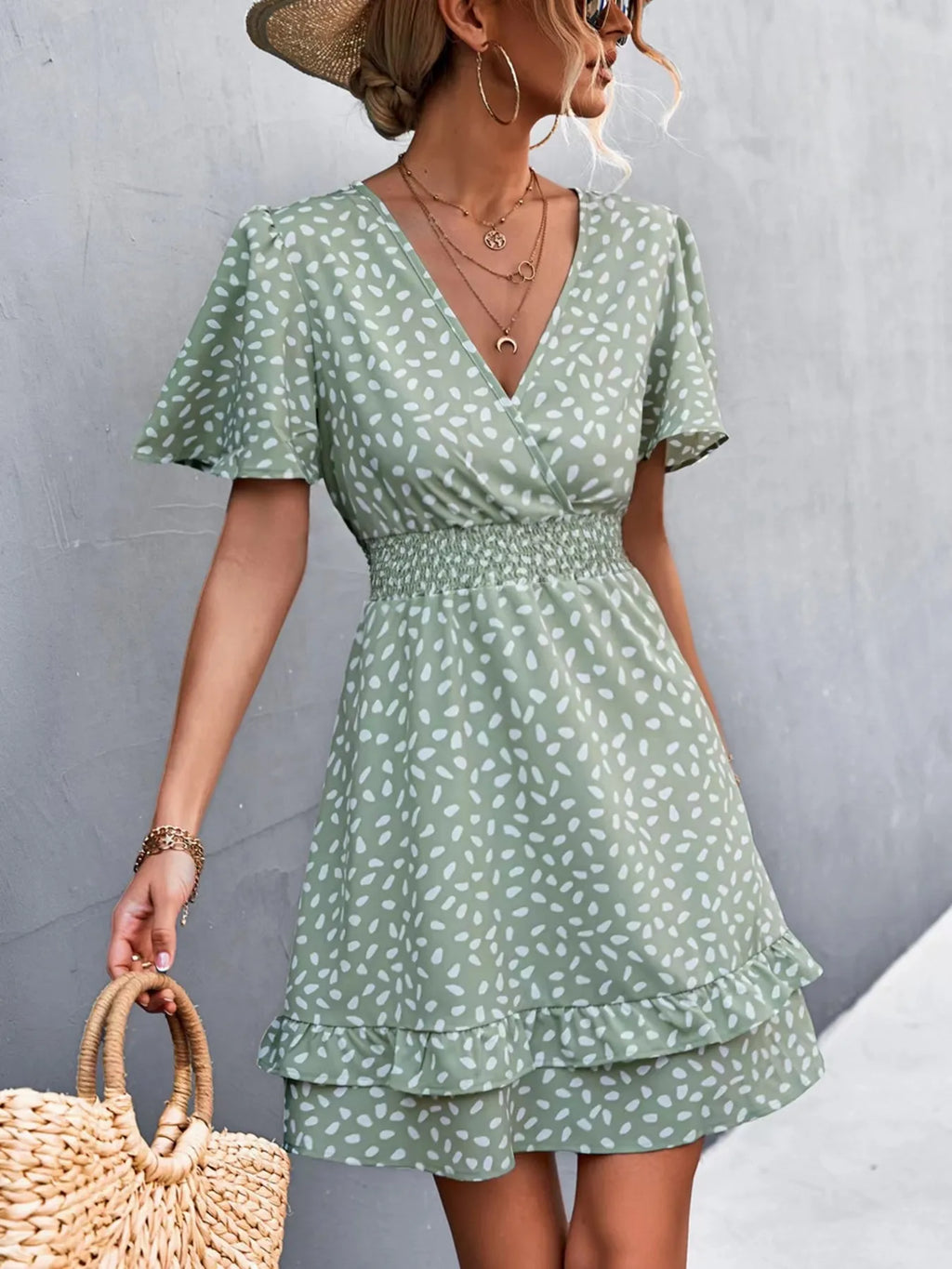 V-Neck Flutter Sleeve Mini Dress