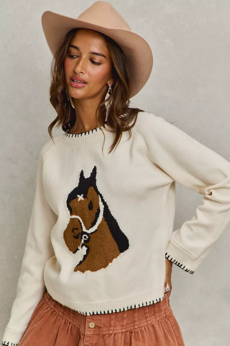 SO ME Horse Knit Sweater Top with Blanket Stitch