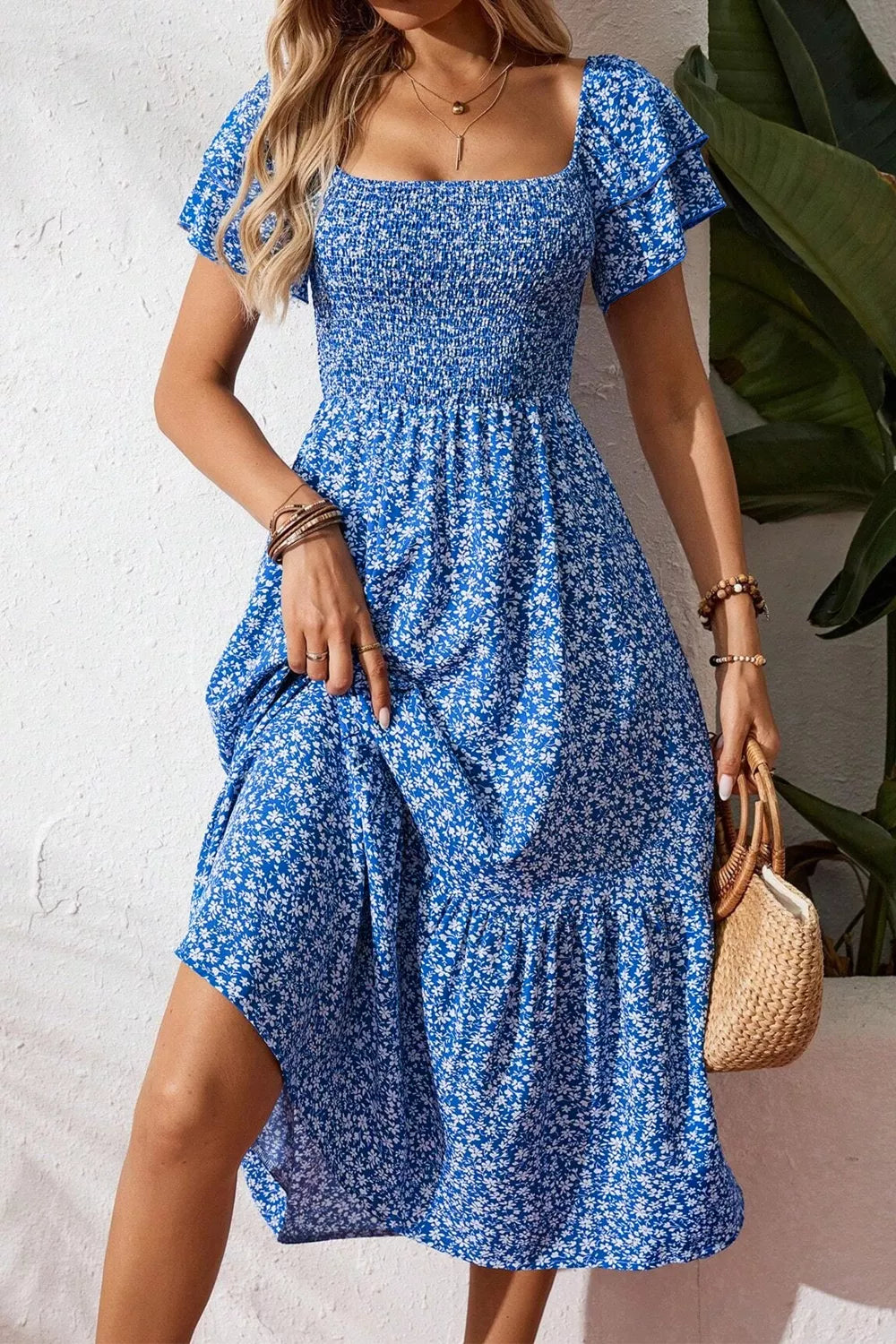 Ditsy Floral Print Smocked Square Neck Ruffle Short Sleeve Dress
