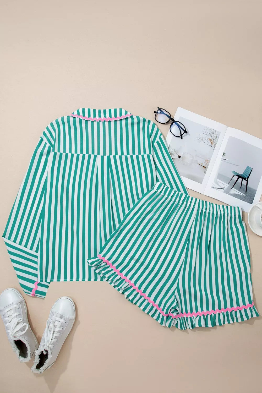 Stripe Contrast Ricrac Trim Long Sleeve Shirt Drawstring Ruffled Pajama Short Set
