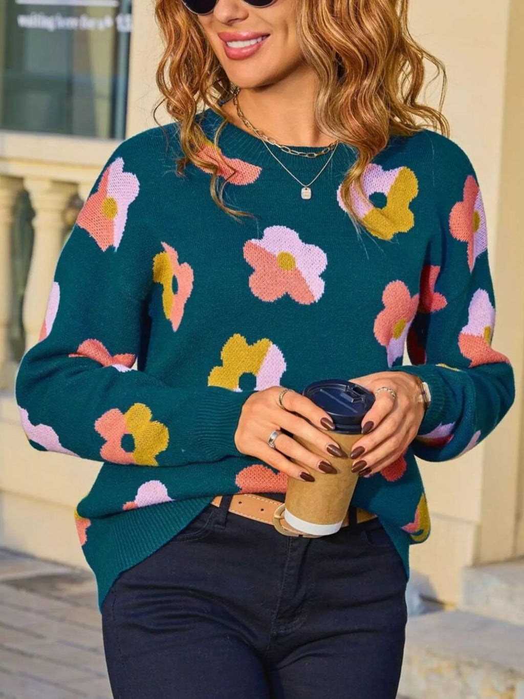 Floral Crew Neck Long Sleeve Sweater