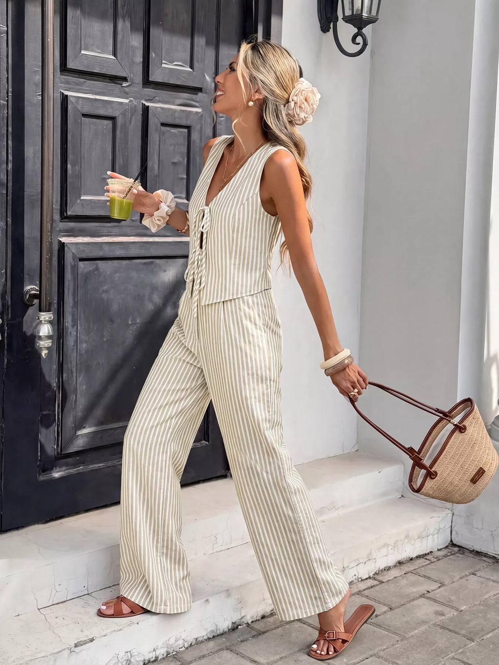Striped Vest & Wide Leg Pants Set