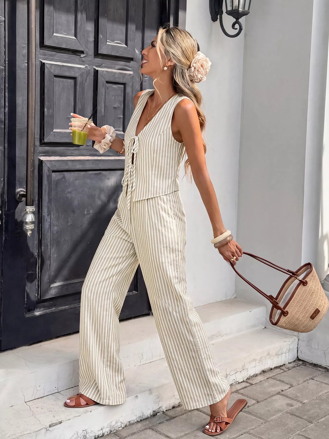 Striped Vest & Wide Leg Pants Set