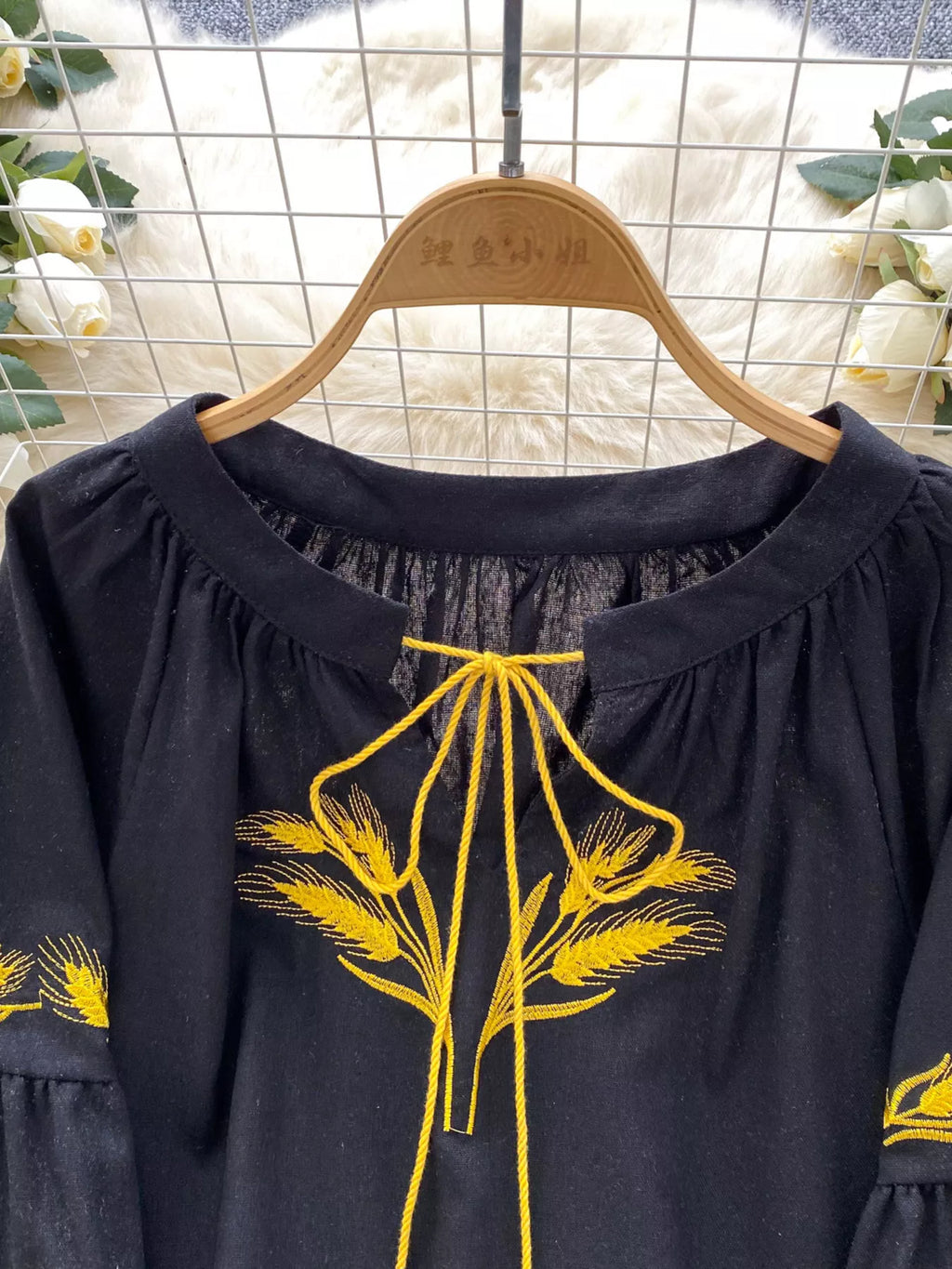 Embroidered Wheat Pattern Tie Neck Blouse