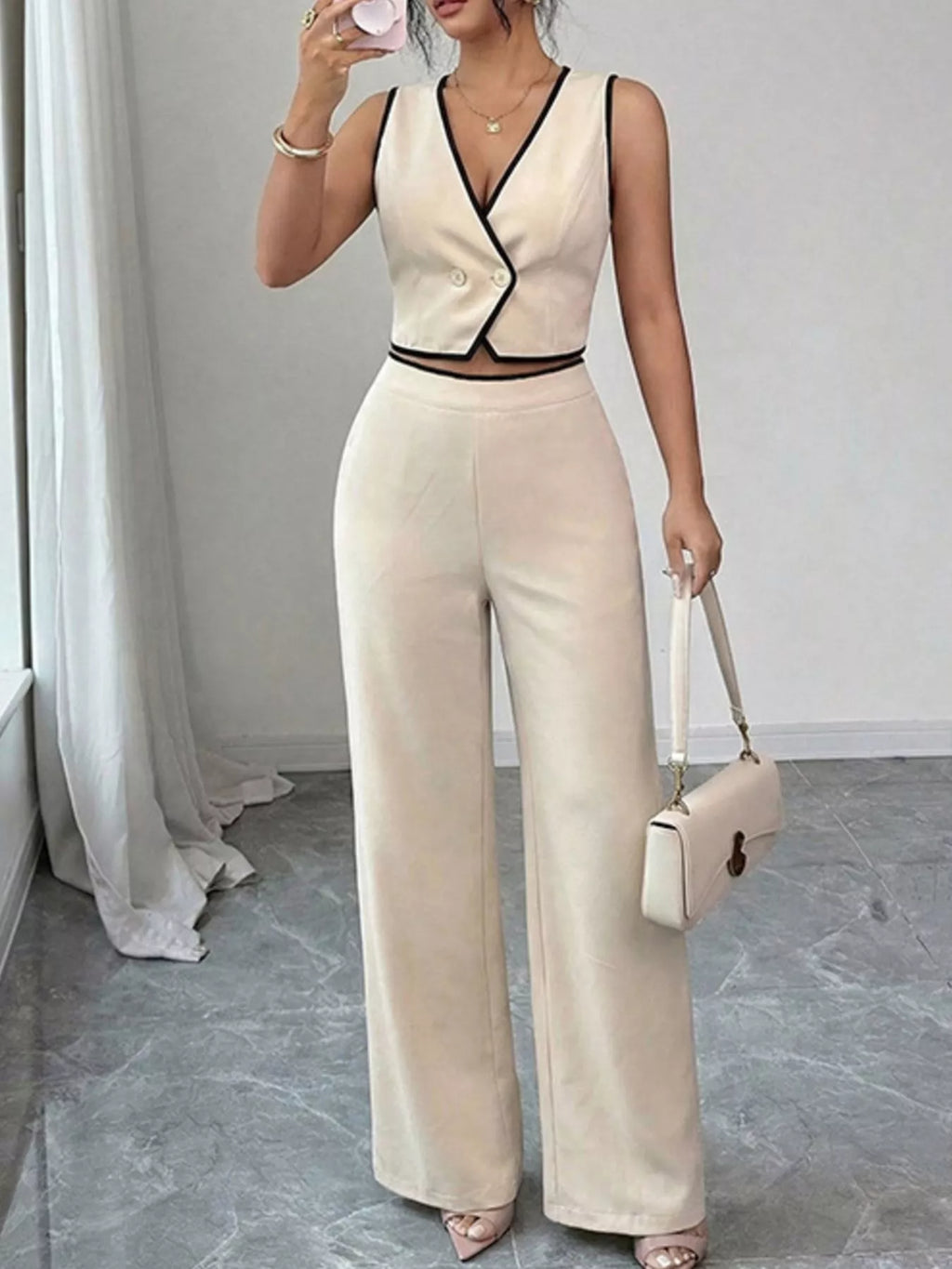 Contrast Trim Vest & Wide Leg Pants Set