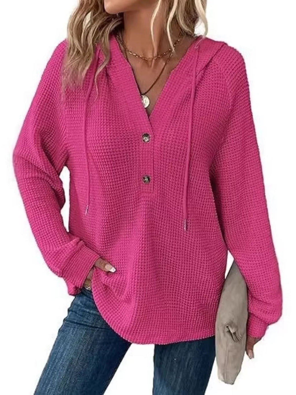 Full Size Button Detail Waffle Knit Hoodie Plus Size
