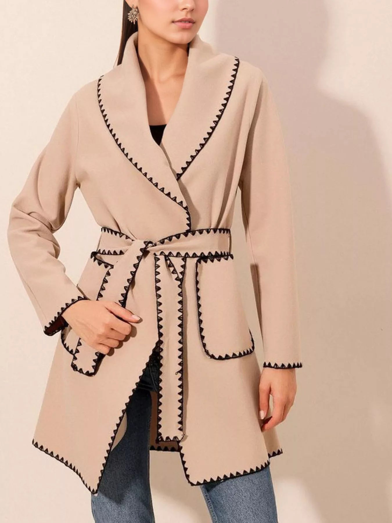 Contrast Trim Tie Waist Outerwear