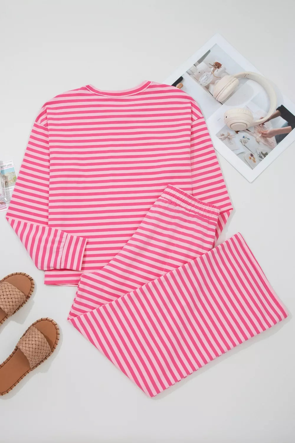 Stripe Drop Shoulder Round Neck Top and Buttoned Straight Pants Two Piece Set