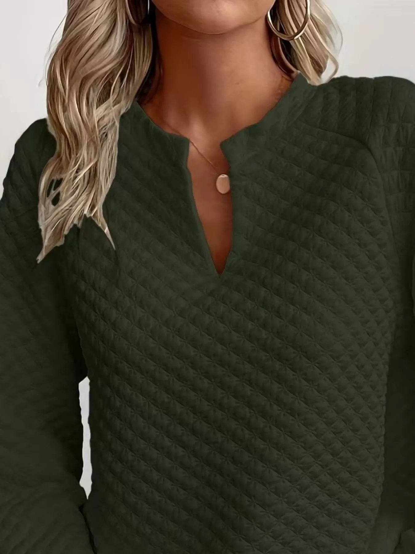 Quilted Texture Long Sleeve Sweatshirt with Notched Neck