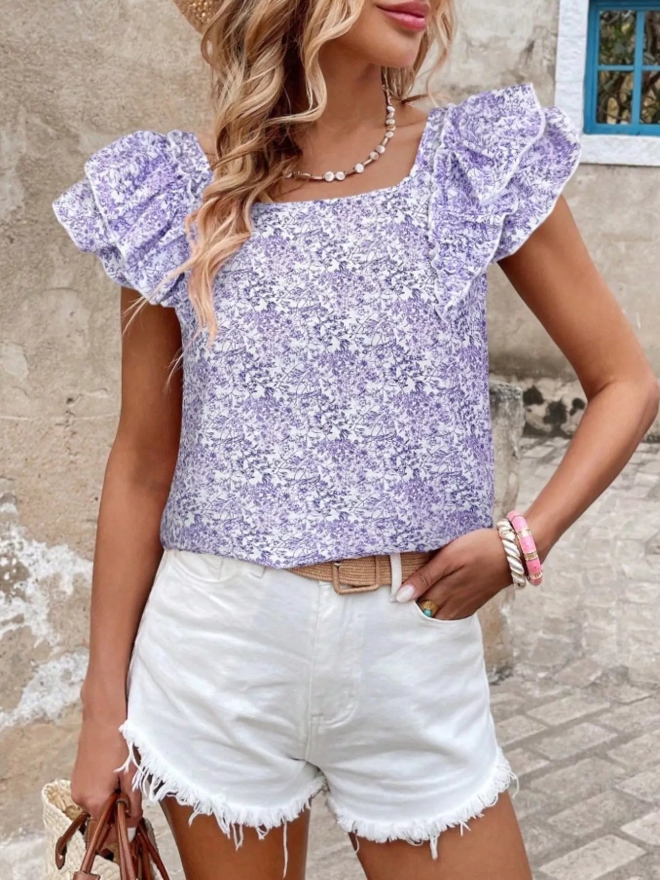 Floral Print Ruffle Trim Blouse
