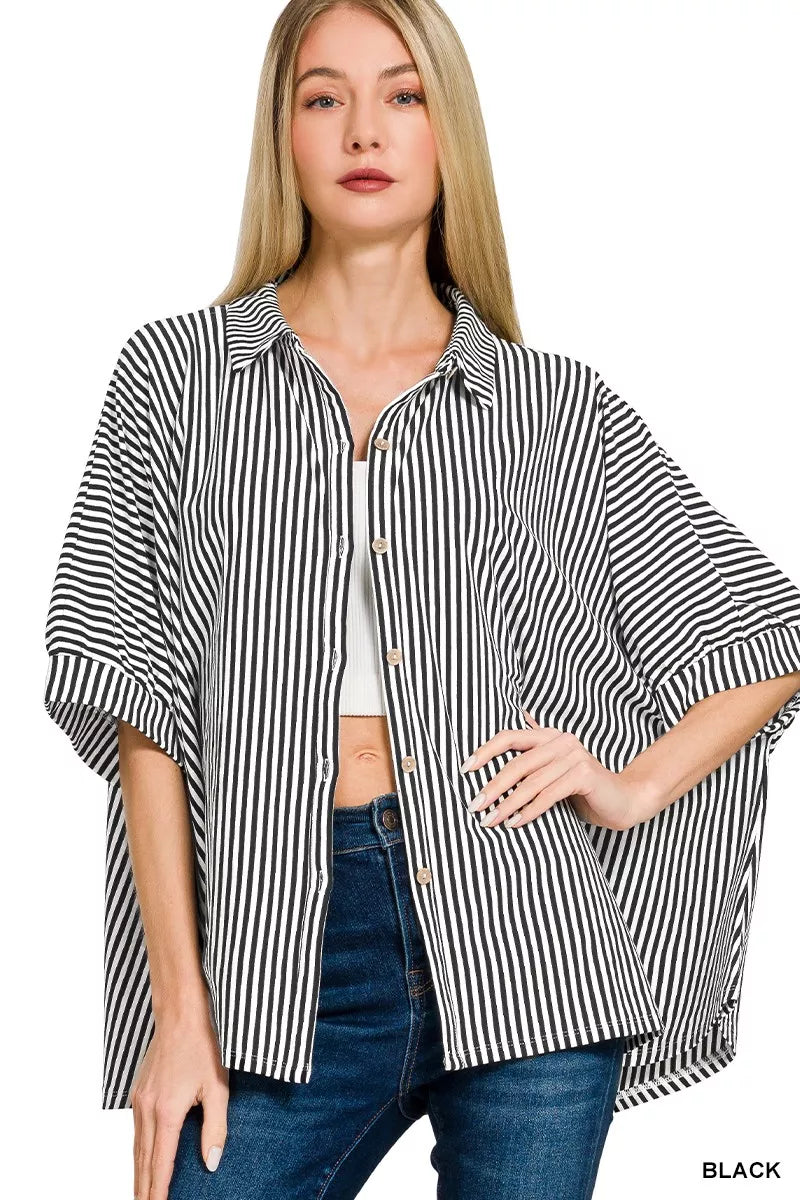 Zenana Oversized Stripe Button Down Shirt