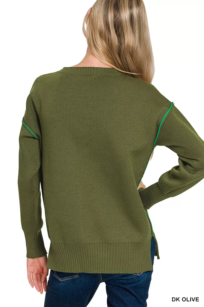 Zenana Round Neck Contrast Trim Sweater