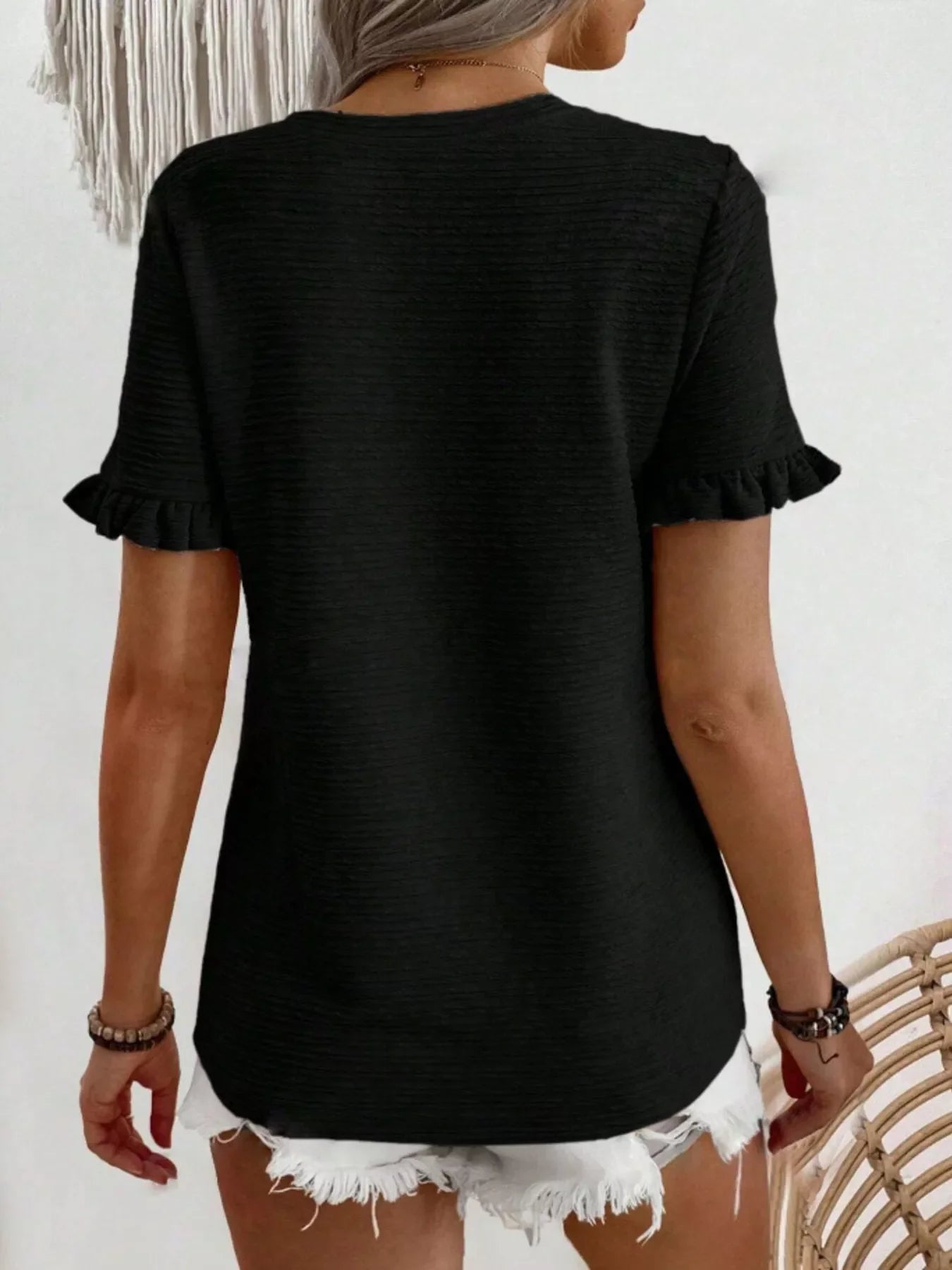Textured Ruffle Sleeve Round Neck T-Shirt