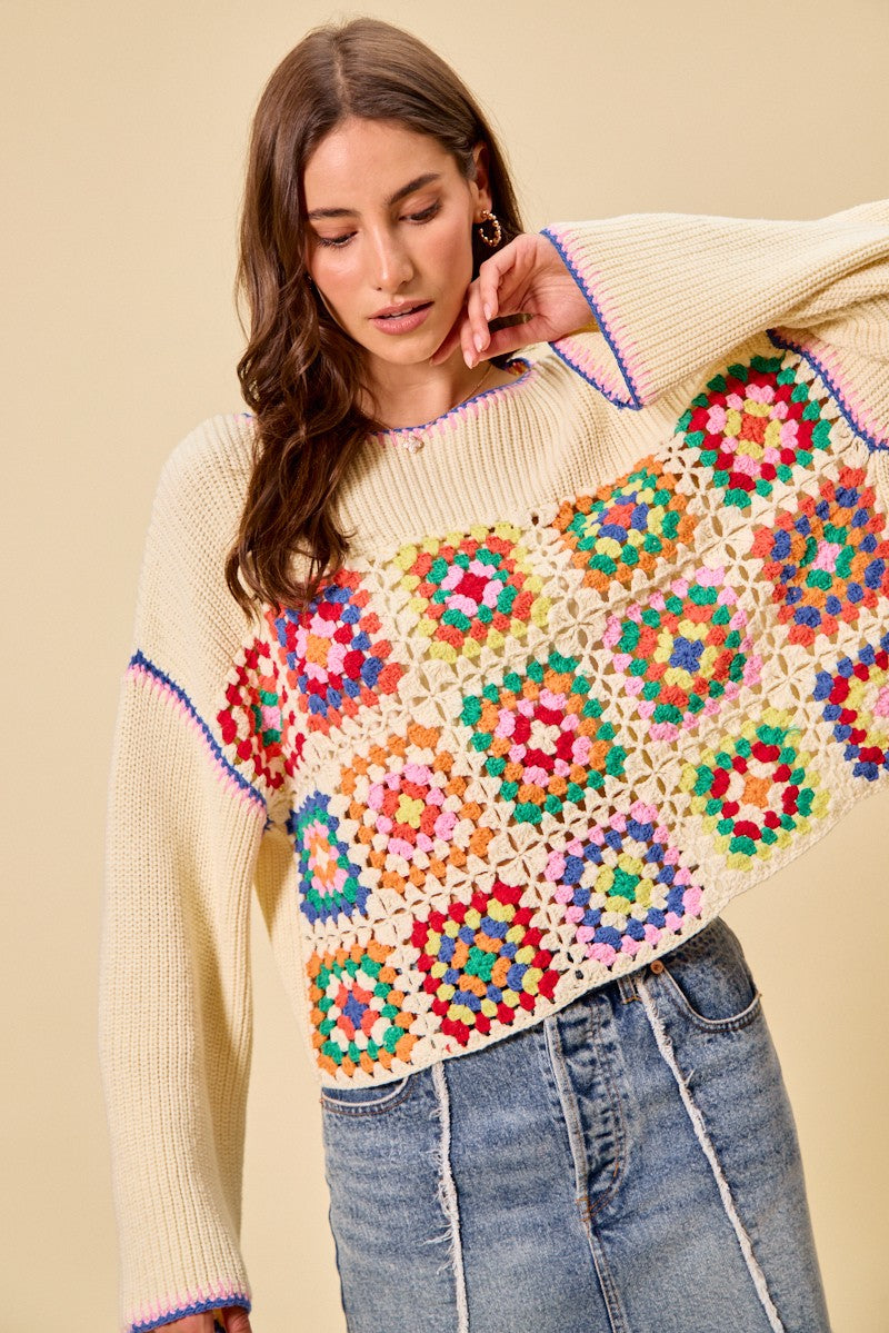 SO ME Multi Color Granny Crochet Lace Sweater Top