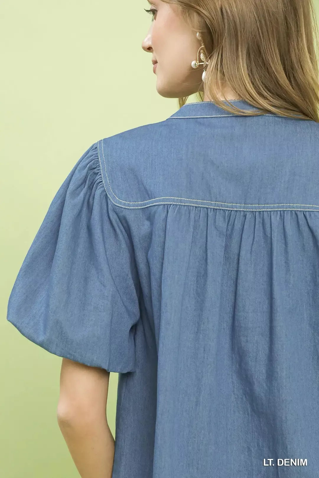 Umgee Denim Button Front Puff Sleeve Boho Blouse
