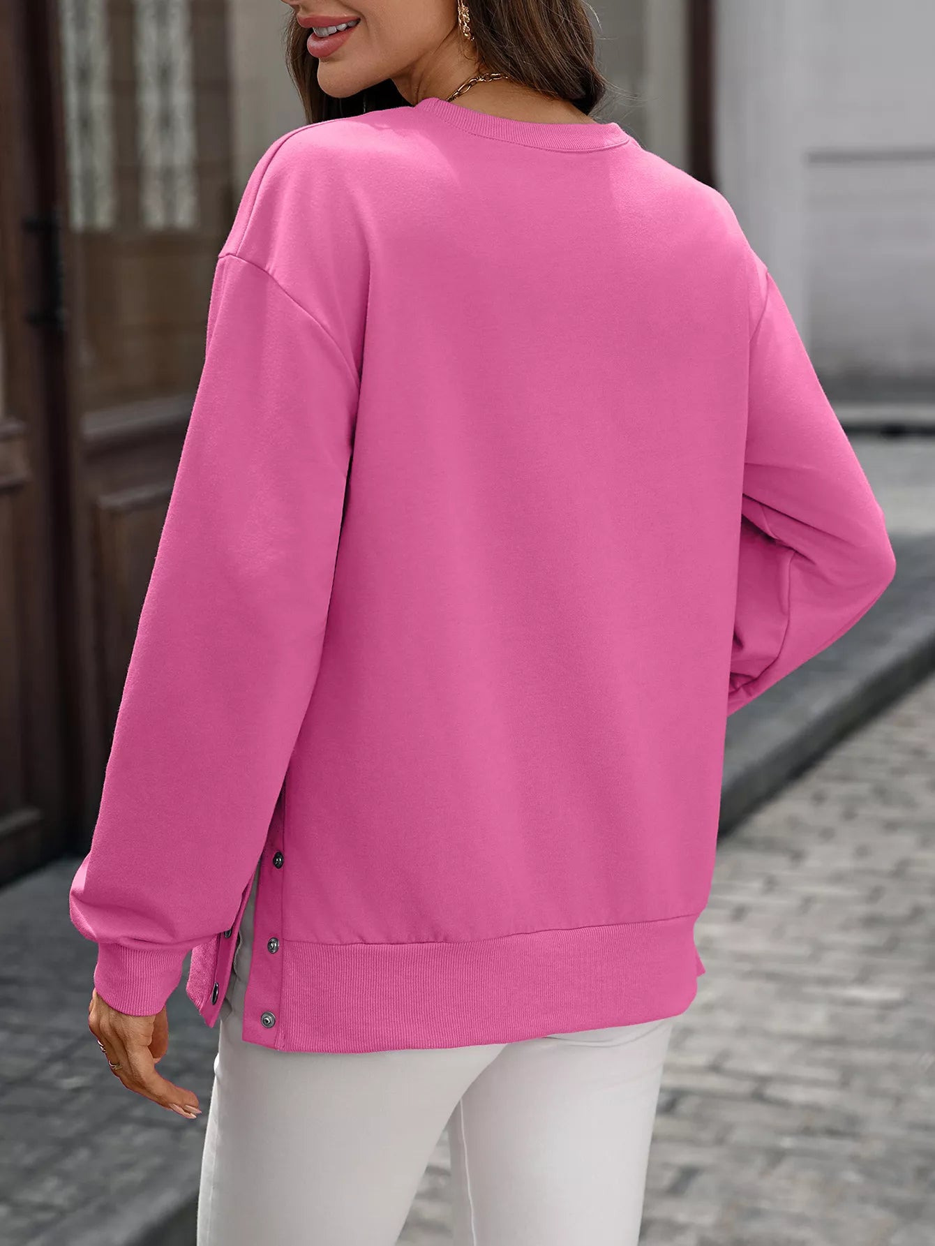 Side Snap Round Neck Sweatshirt