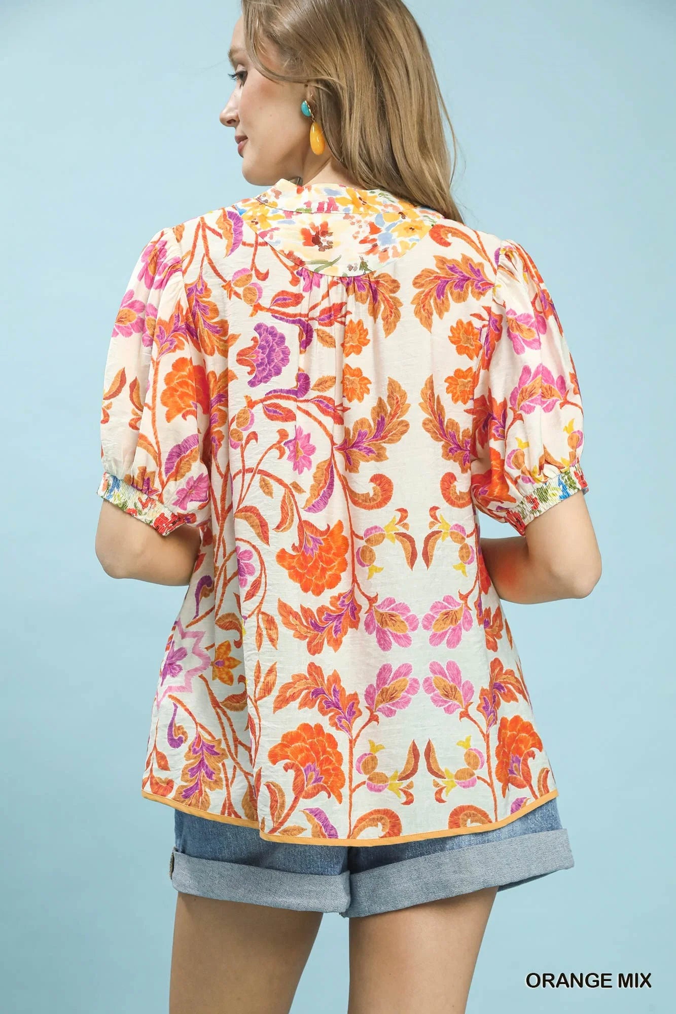Umgee Mix Floral Split-Neck Short Sleeve Top