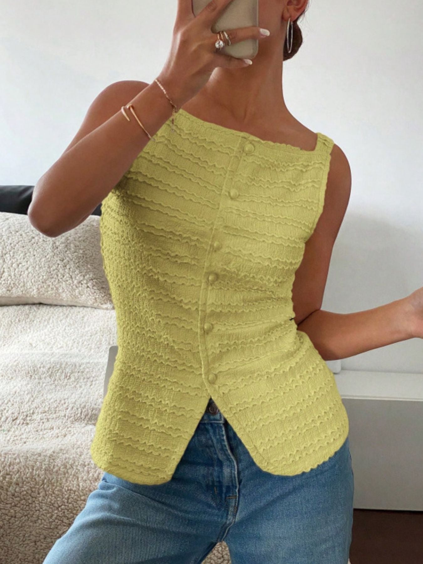 Textured Button-Front Tank