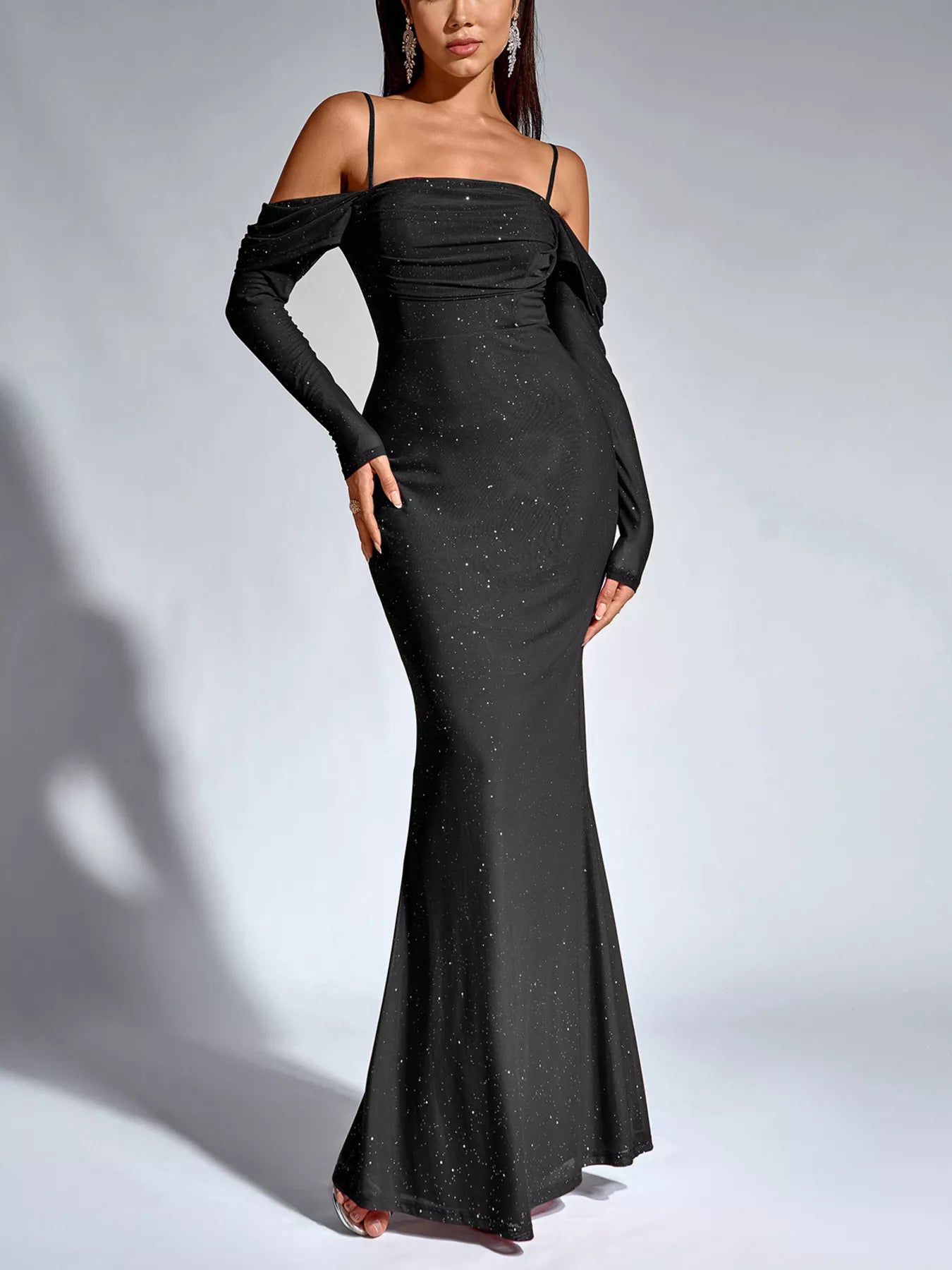 Glitter Ruched Long Sleeve Mermaid Maxi Dress